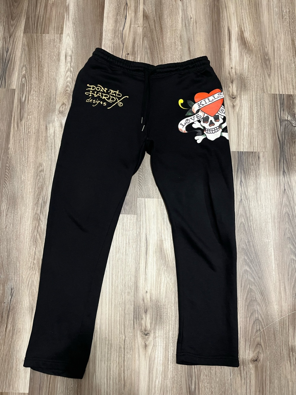 Ed Hardy Black Sweatpants with Skull & Red Heart Graphic Unisex